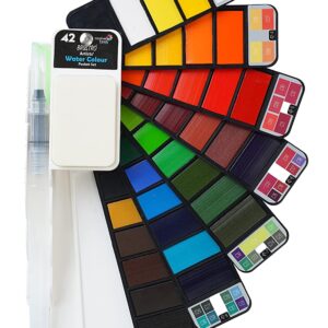 brustro artists watercolour travel pan set of 42 colours | foldable, rich pigment, vibrant colors, ideal for plein air painting, professional use, fine art students (includes mixing palette)