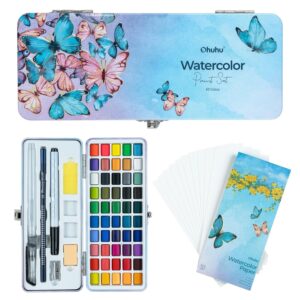 ohuhu watercolor travel paint set, 50 color portable watercolor kit for outdoors with watercolor papers, brush pen, acrylic pen, pencil and accessories for painting, non toxic watercolors paint for artists adults beginners kids gift idea