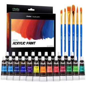 ohuhu acrylic colour set, 24 pack of 12ml/0.42oz acrylic paint tubes with 6 brushes for canvas, rock, wood, glass, art painting kit for kids adults beginners artist